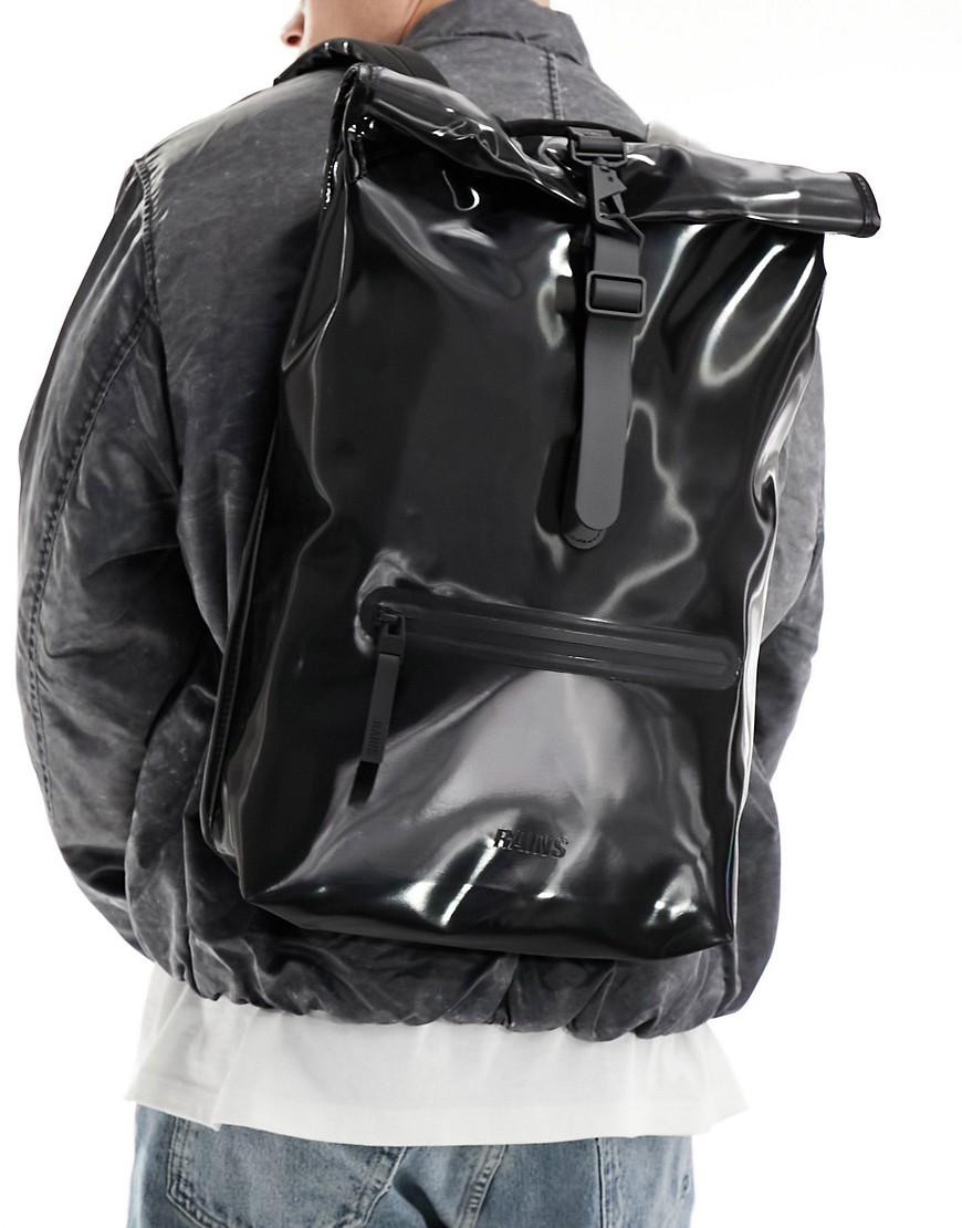 Rains Rolltop unisex waterproof rucksack in shiny black