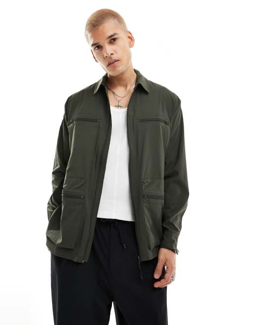 Rains Tomar stretch ripstop utility overshirt in dark green