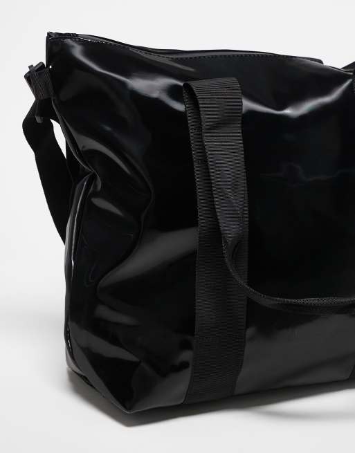 Rains Tote mini unisex waterproof tote with crossbody strap in shiny black, 3 of 4