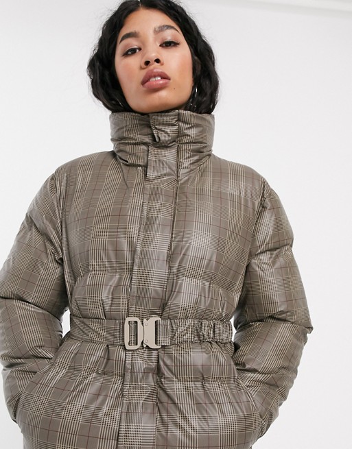 Rains waterproof check puffer coat with detachable belt