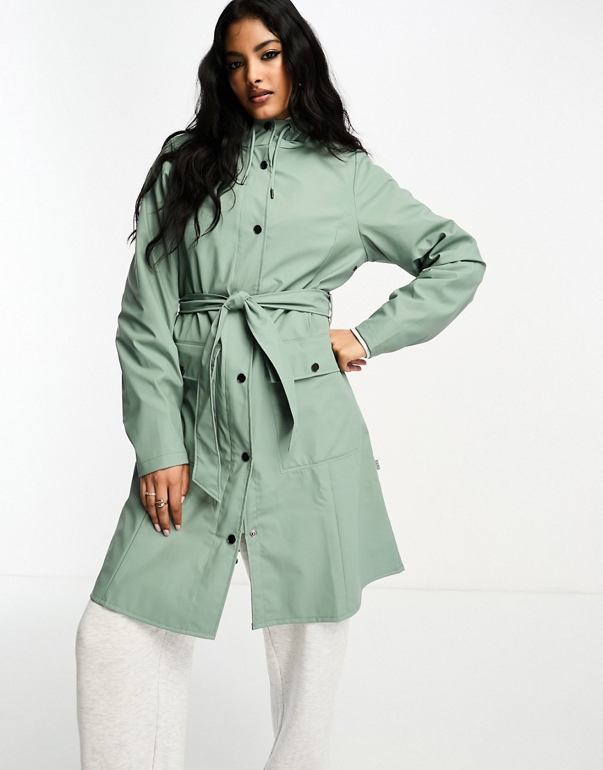 Rains waterproof hooded long jacket in light green