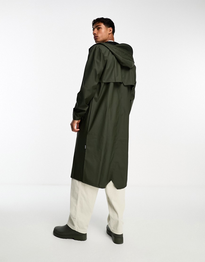 Rains waterproof hooded long line jacket in dark green
