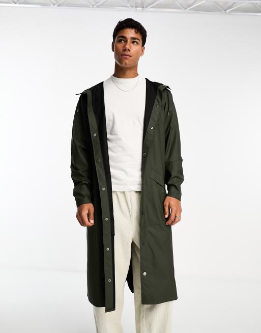 Rains waterproof hooded long line jacket in dark green ASOS