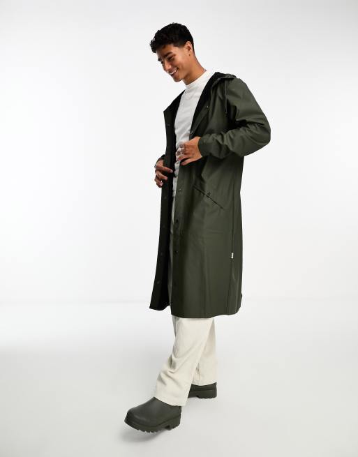 Rains waterproof hooded longline jacket in dark green