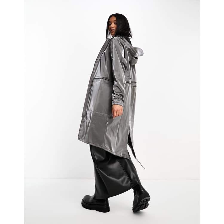 Rains waterproof hooded string parka jacket in metallic gray