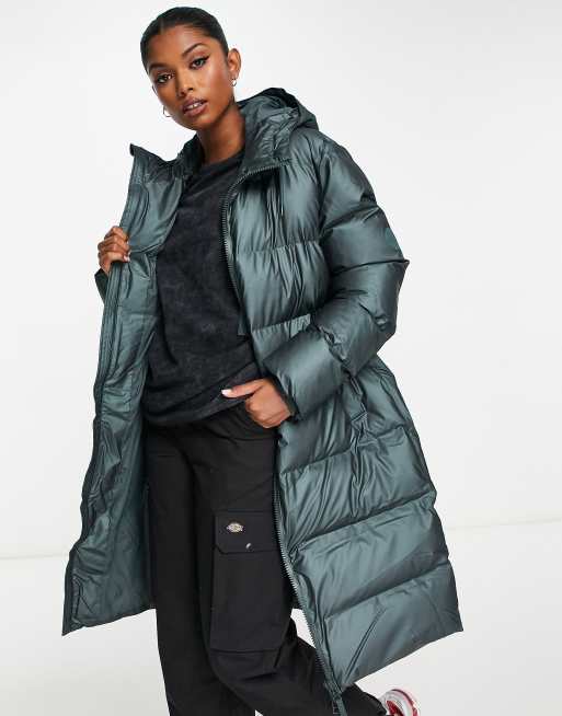 Rains waterproof long puffer coat in shiny green