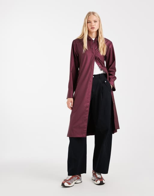 Rains x ASOS exclusive 12040 waterproof a-line belted long jacket in burgundy, 2 of 4