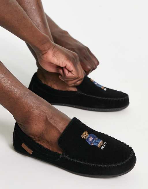 Ralph Lauren american flag bear slippers in black | ASOS