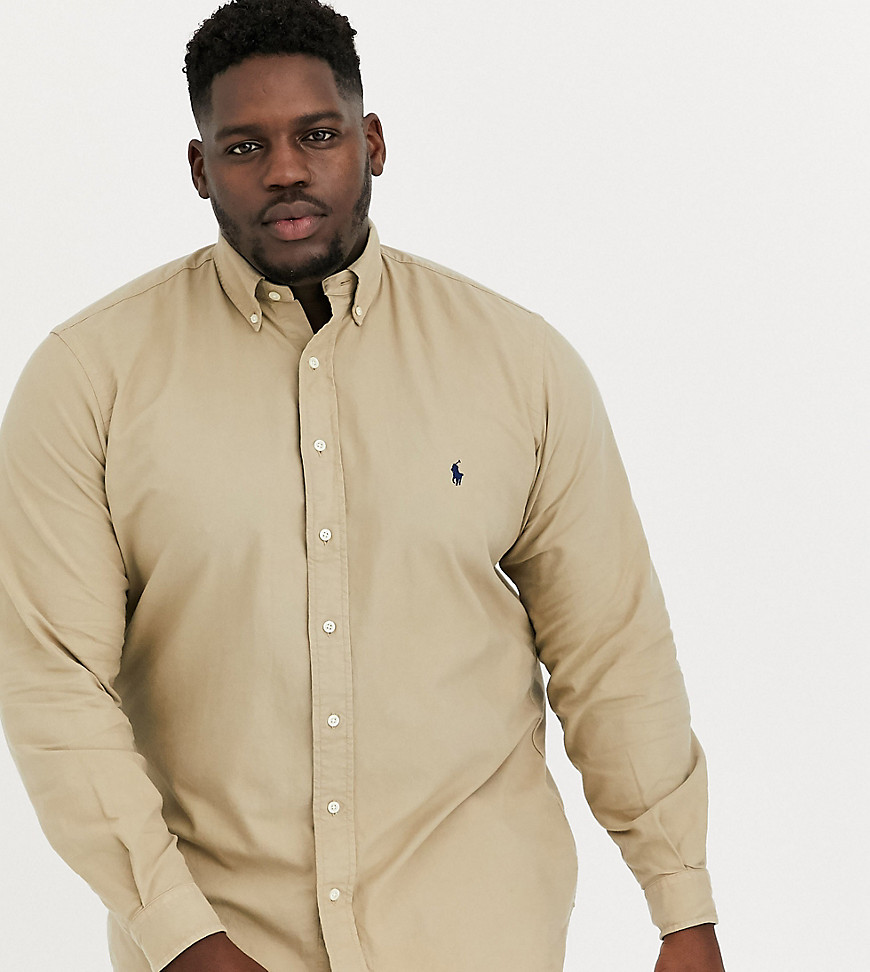 Ralph Lauren – Big & Tall – Beige plaggfärgad oxfordskjorta med button down-krage, spelarlogga och klassisk passform-Guldbrun