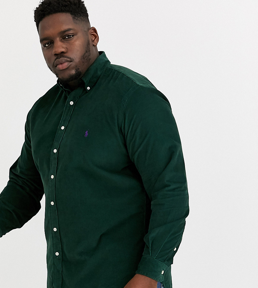 Ralph Lauren Big & Tall player logo buttondown classic fit corduroy shirt in college green