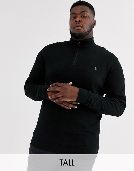 Ralph Lauren Big & Tall player logo half zip double knit jersey sweatshirt in polo black