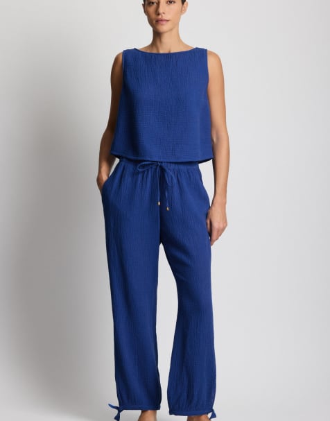 Ralph Lauren Double cotton gauze top & pant beach set in blue - view 1