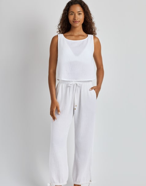 Ralph Lauren Double cotton gauze top & pant beach set in white - view 1