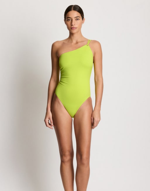 Ralph Lauren Double strap one shoulder swimsuit in lime green, 2 of 4