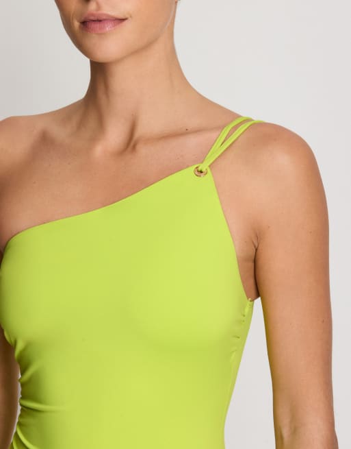 Ralph Lauren Double strap one shoulder swimsuit in lime green, 3 of 4
