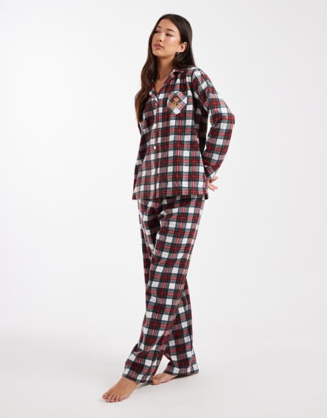 Ralph Lauren Fleece notch collar pajama set in ivory plaid - view 1