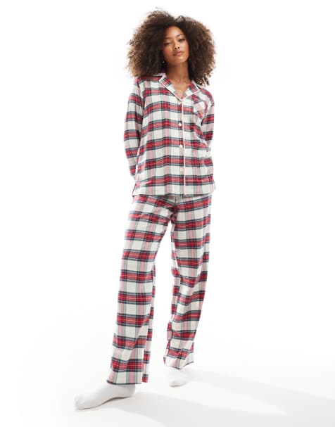 Ralph Lauren folded brushed herringbone twill notch collar pyjama set in Ivory Plaid - view 1