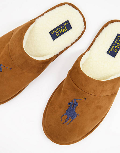 Ralph Lauren klarance big pony slippers in tan