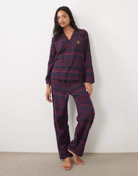 Ralph Lauren Long sleeve brushed cotton pyjama set in burgandy plaid - view 1