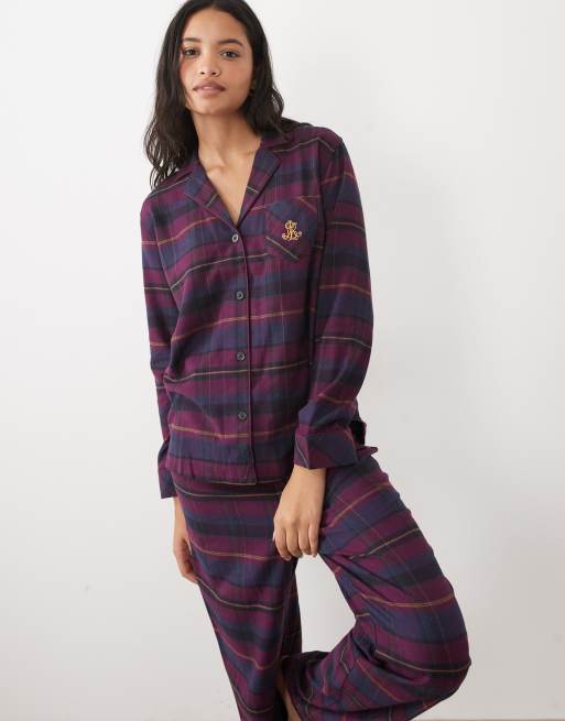 Ralph Lauren Long sleeve brushed cotton pyjama set in burgandy plaid, 2 of 4