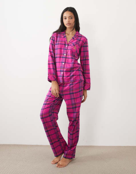 Ralph Lauren Long sleeve brushed cotton pyjama set in pink plaid - view 1