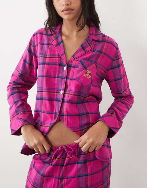Ralph Lauren Long sleeve brushed cotton pyjama set in pink plaid, 3 of 4