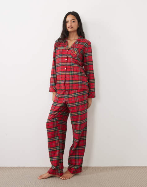 Ralph Lauren Long sleeve brushed cotton pyjama set in red plaid - view 1