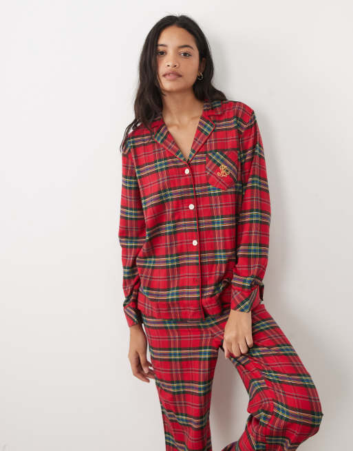 Ralph Lauren Long sleeve brushed cotton pyjama set in red plaid, 3 of 4