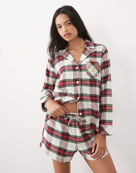 Ralph Lauren Long sleeve brushed cotton short pyjama set in cream plaid - view 1