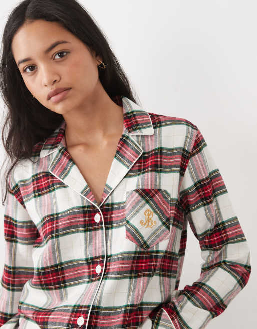 Ralph Lauren Long sleeve brushed cotton short pyjama set in cream plaid, 3 of 4