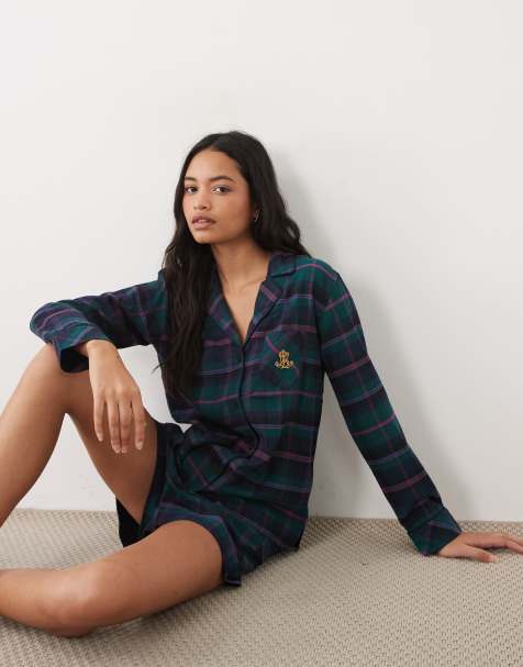 Ralph Lauren Long sleeve brushed cotton short pyjama set in green plaid - view 1