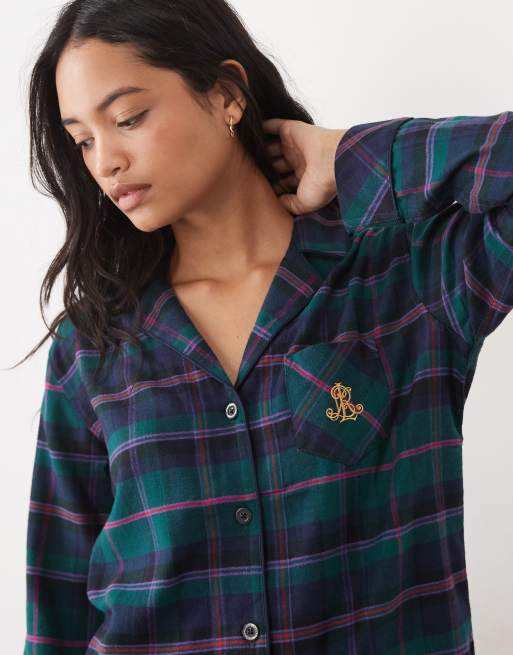 Ralph Lauren Long sleeve brushed cotton short pyjama set in green plaid, 2 of 4
