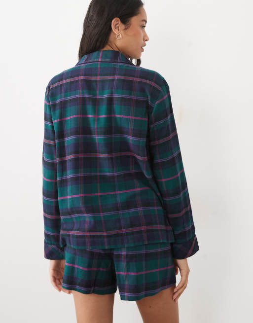 Ralph Lauren Long sleeve brushed cotton short pyjama set in green plaid, 3 of 4