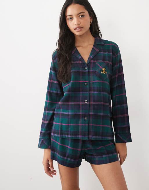 Ralph Lauren Long sleeve brushed cotton short pyjama set in green plaid, 4 of 4