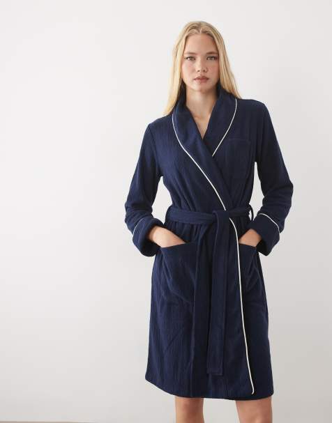 Ralph Lauren Long sleeve short fleece robe in navy - view 1