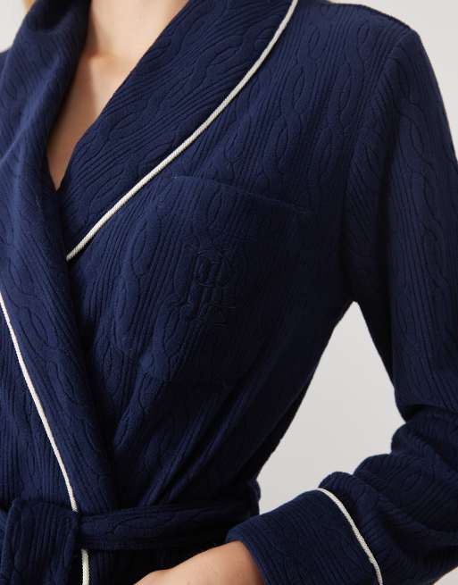 Ralph Lauren Long sleeve short fleece robe in navy, 2 of 4