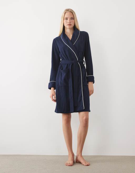 Ralph Lauren Long sleeve short fleece robe in navy, 3 of 4