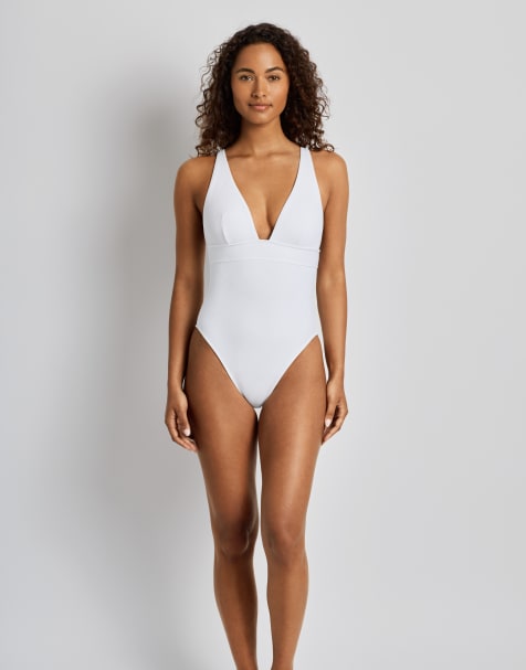 Ralph Lauren Ribbed tall triangle plunge swimsuit in white - view 1