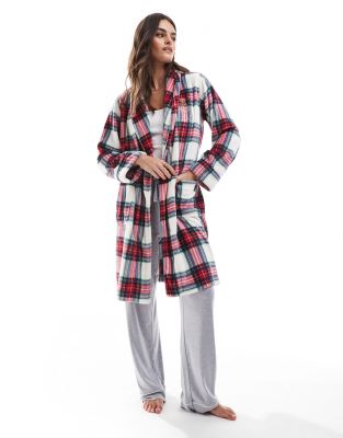 Ralph Lauren short shawl collar robe in ivory plaid-White