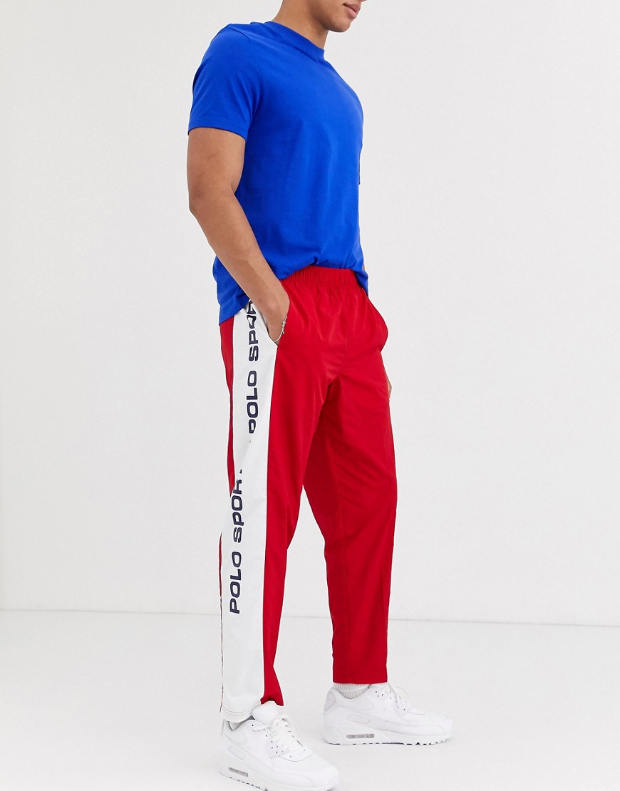 Ralph Lauren - Sport Capsule Athletic - Joggers in nylon rosso/bianco con fettuccia e logo laterale