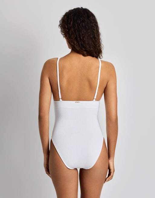 Ralph Lauren Tall Ribbed triangle plunge swimsuit in white, 2 of 4