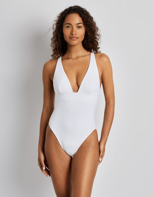 Ralph Lauren Tall Ribbed triangle plunge swimsuit in white, 3 of 4