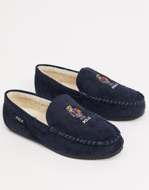 Ralph Lauren varsity bear moccasin slippers navy