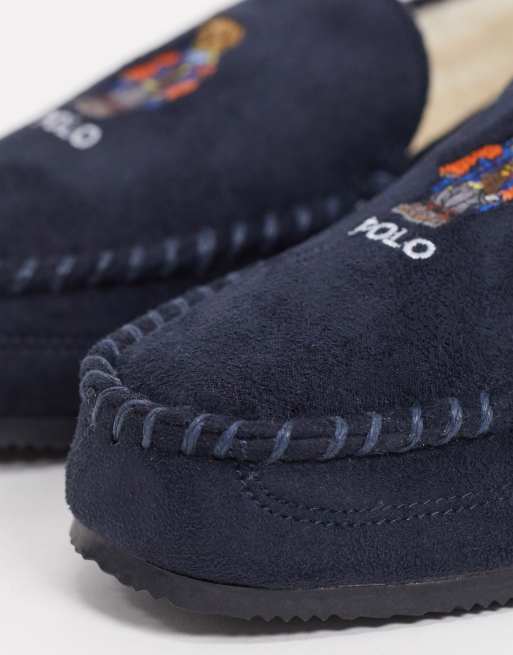 Ralph Lauren varsity bear moccasin slippers navy