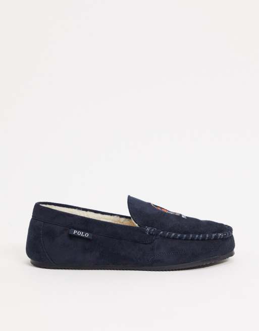 Ralph Lauren varsity bear moccasin slippers navy