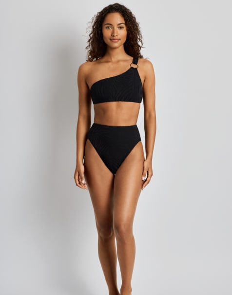 Ralph Lauren Zebra jacquard ring one shoulder bikini top in black - view 1