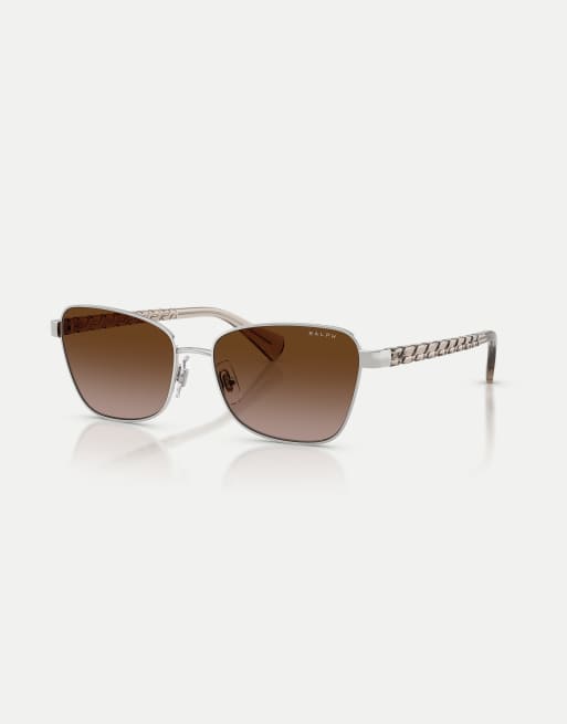 Ralph Sonnenbrille mit unregelmäßiger Form, braunen Gläsern und glänzendem Silber, 3 von 4