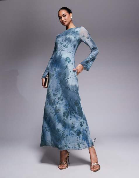 Rara London - Vestito lungo blu a fiori con maniche svasate e dettagli trasparenti - view 1