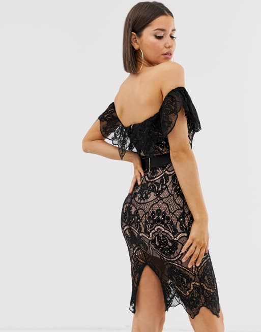 Rare – Bardot-Midikleid aus Spitze in Schwarz/Hellrosa, 2 von 4