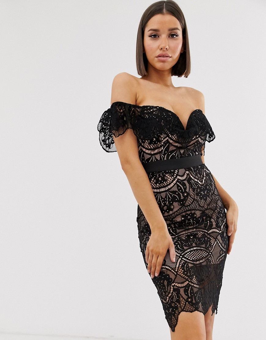 Rare - Kanten midi-jurk met Bardot-halslijn in zwart/zachtroze